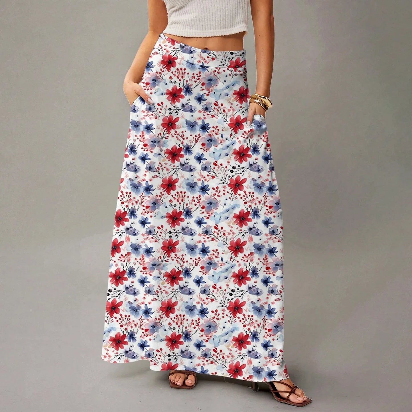 Women's Straight Skirt Casual Summer Floral Print Bohemian Skirt Flowing Maxi Skirts with pockets High waist Elastic skirt