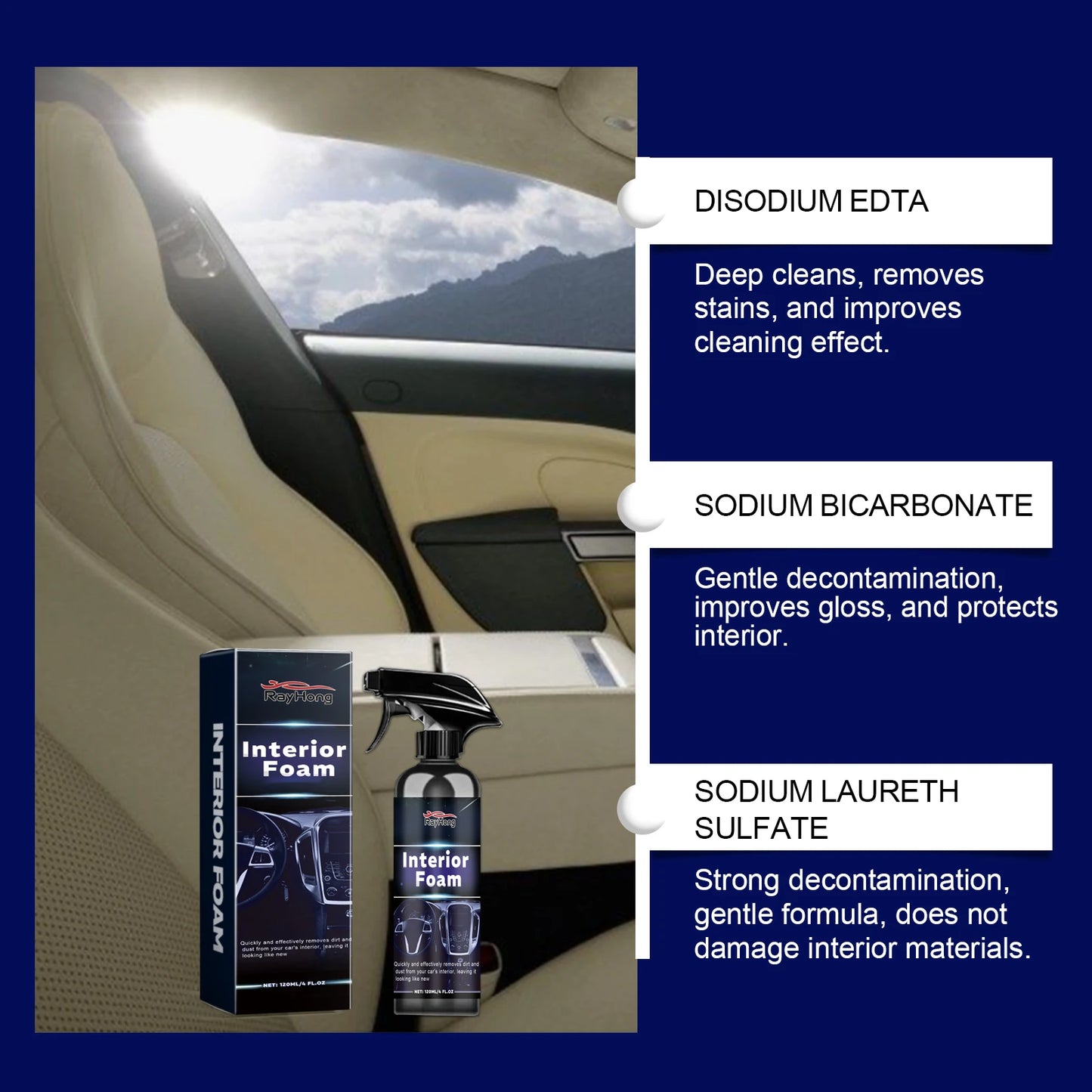 Multi-Surface Car Foam Cleaner For Leather Seats, Dashboard & Floor Mats - Quick Stain Removal Prevents Dryness And Cracking
