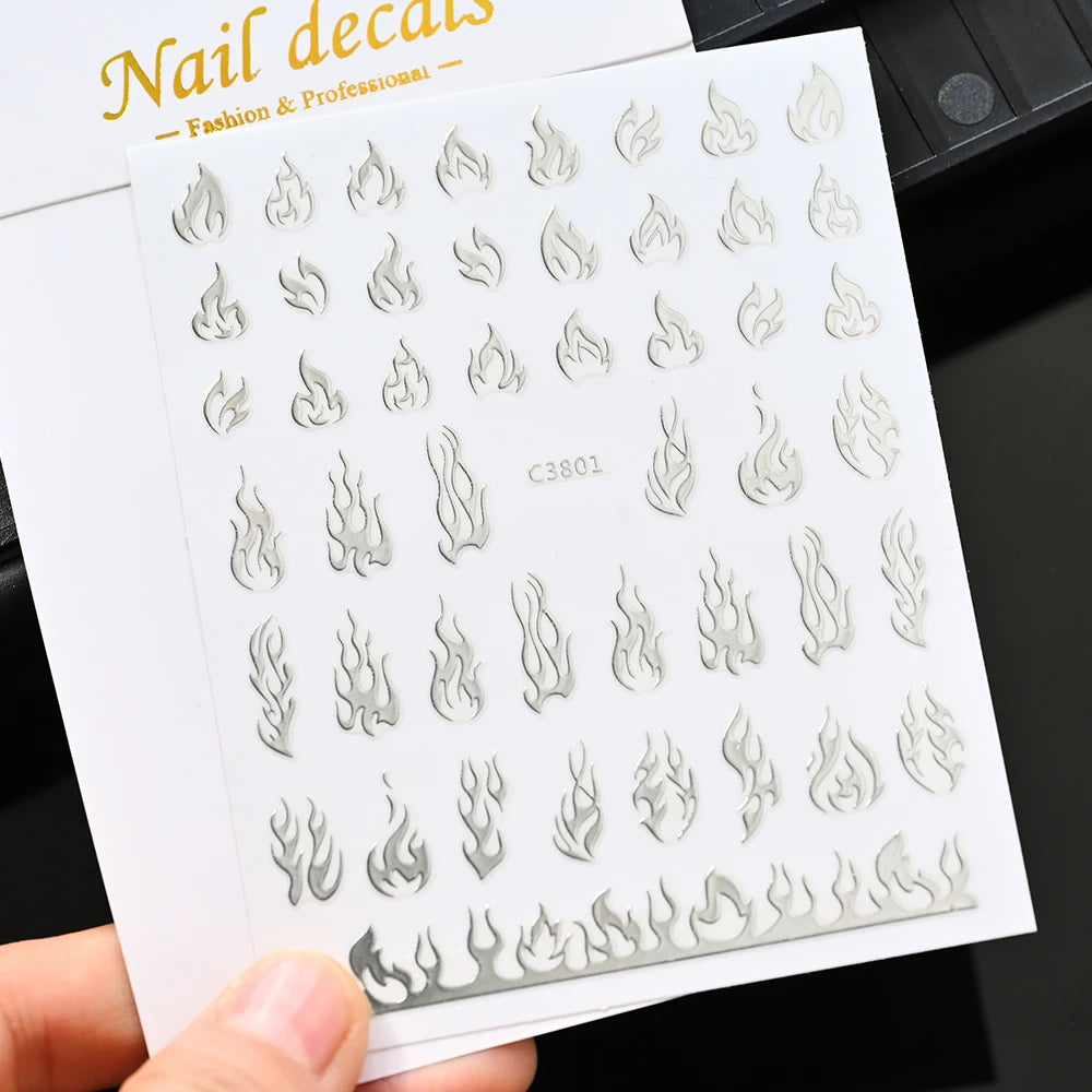 Glitter Flame Nail Art Set – Self-Adhesive Silver Stickers with Butterfly Foil for Manicure Magic