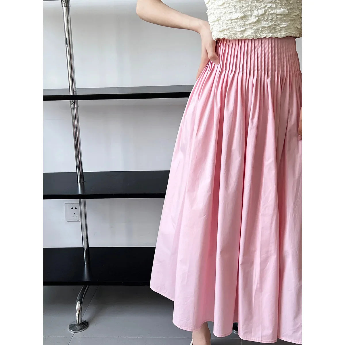 Elegant High-Waisted Pink A- Line Skirt Sweet Umbrella Design Sensibility Plenty of Pleats Medium-Length Women's Fashion