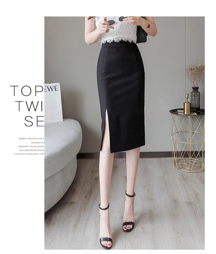 Seoulish 2024 New Spring Summer Mid length Women's Skirt Elegant Office Lady Style Solid Split Mid Length Skirts Female