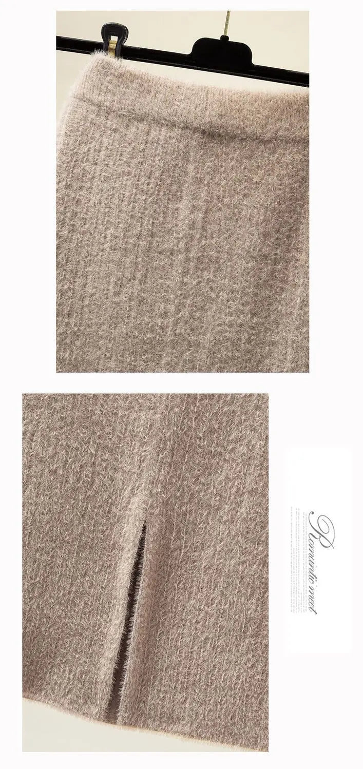 Mink velvet skirt female autumn and winter mid-length knitted one-step skirt split straight winter skirt casual solid long skirt