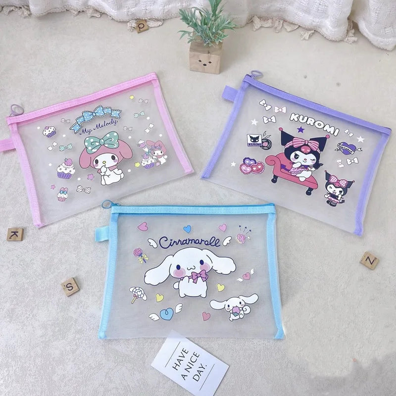 Sanrio A5 Mesh Zipper Pouch – Cute Melody, Kuromi & Cinnamoroll Document Organizer for School & Stationery Fans