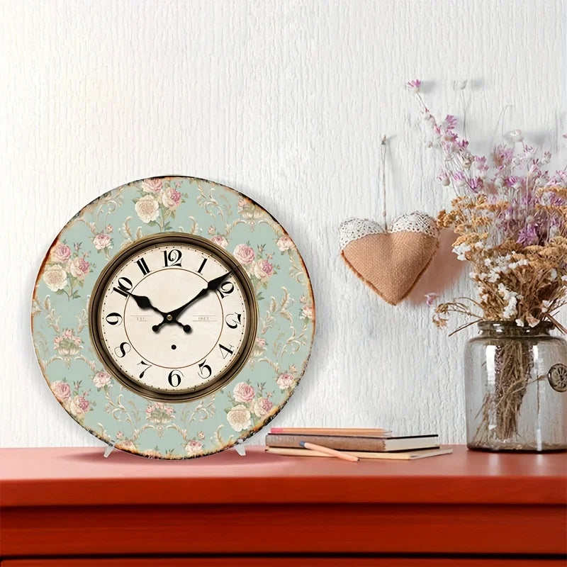 1pc Floral Round Wall Clock For Home Decor Living Room Rustic Clock Retro Clock AA Battery (not Included)