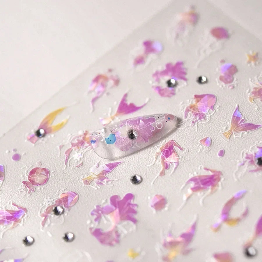 Colorful & Fun Beach Bloom Nail Art – 5D Stickers with Coral, Petals & Ocean Charms