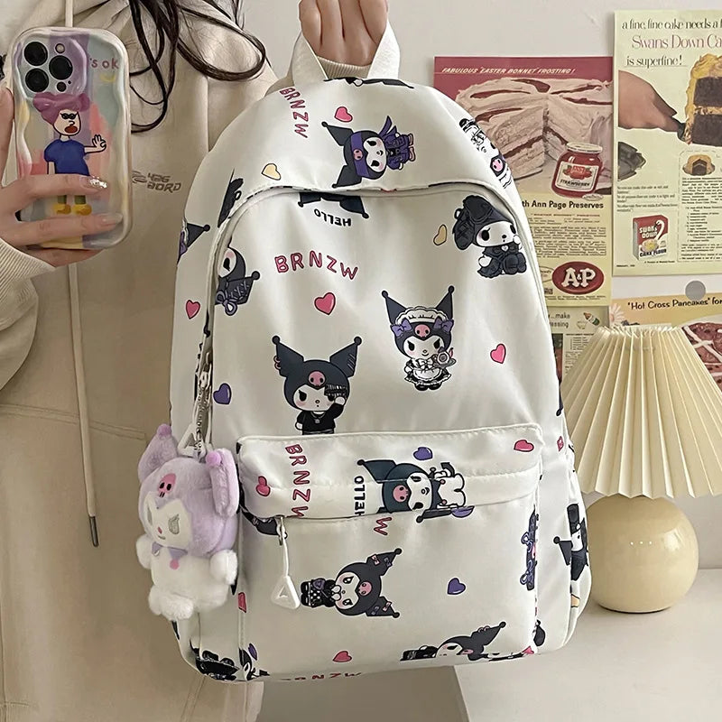 Kawaii Canvas Backpack – Hello Kitty, Kuromi, Melody & Cinnamoroll Charm for Kids & Teens!