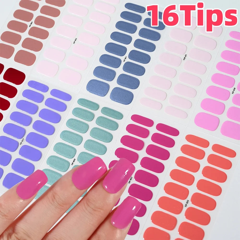 Semi-Cured Gel Nail Wraps – 16 Oval Tips with Solid Colors + File & Stick Kit
