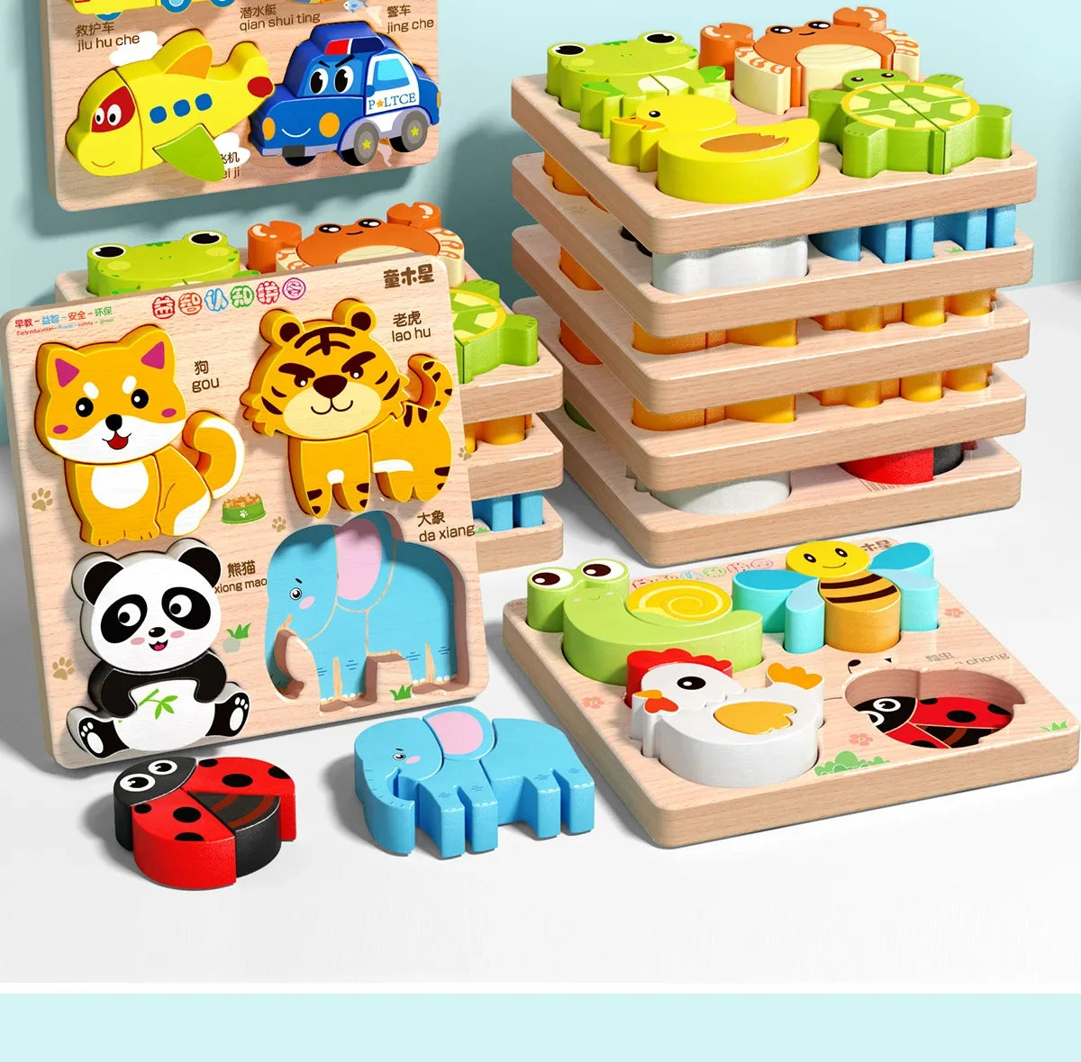 Animal Traffic Puzzles Toys for Kids Montessori Cartoon 3D Wooden Jigsaw Early Learning Educational Cognitive Game Children Gift