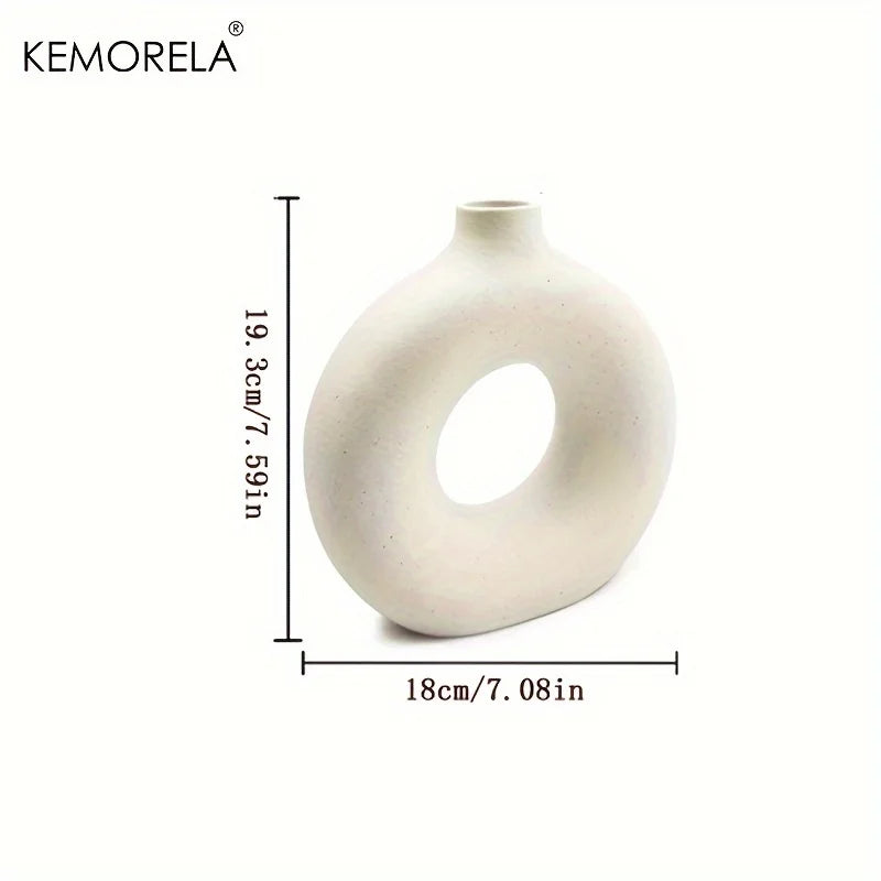 Nordic Style Ceramic Donut Shaped Vase Hollow Circular Flower Pot for Home Living Room Office Desktop Decorative Accessory Gift
