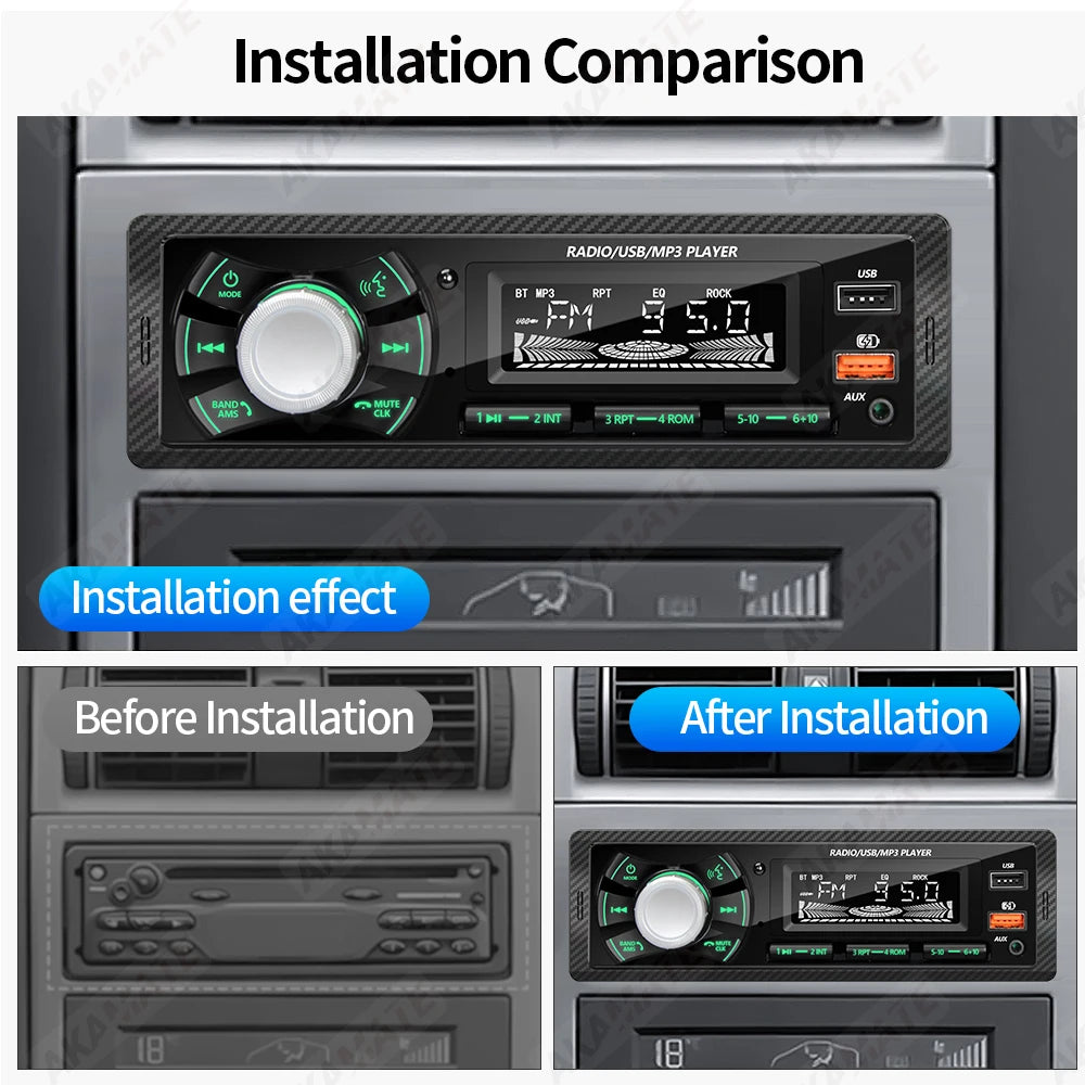 1 Din Car Radio MP3 Multimedia Player FM Radio Bluetooth AUX USB Support Phone Charging Colorful Light Display Stereo Autoradio