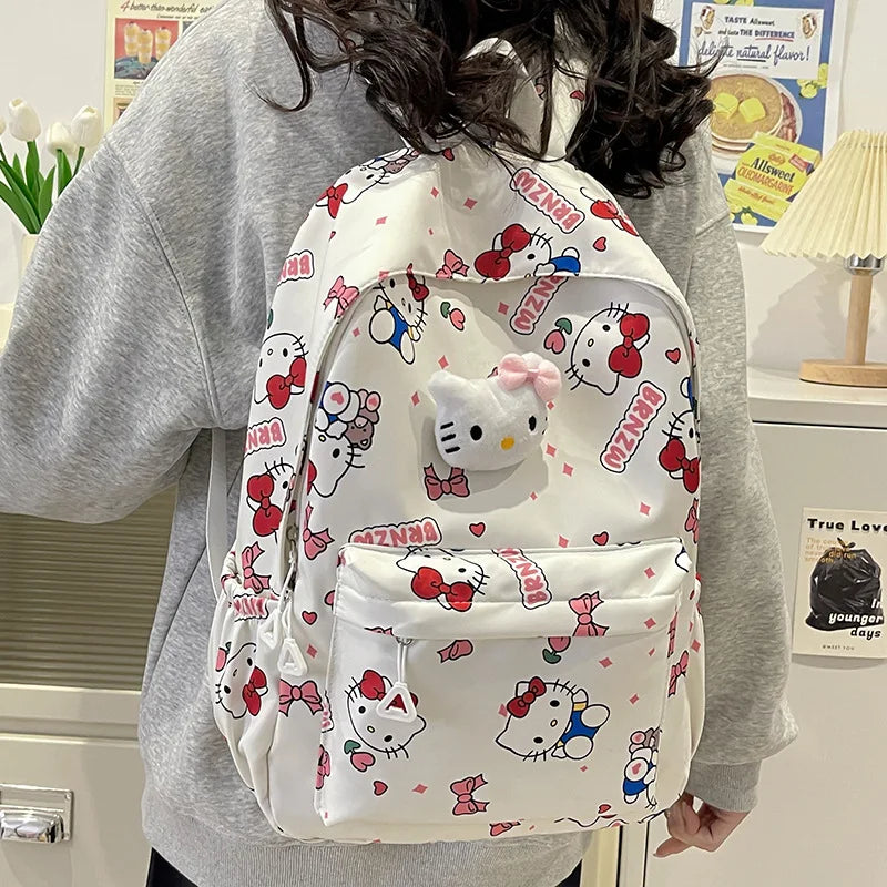 Kawaii Canvas Backpack – Hello Kitty, Kuromi, Melody & Cinnamoroll Charm for Kids & Teens!