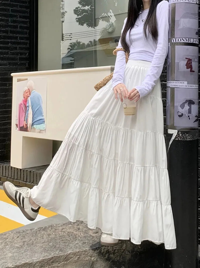 Summer High Waist White Mini Skirt Women Fashion Korean Patchwork A-Line Skirts Female Summer Solid Elegant All-Match Long Skirt