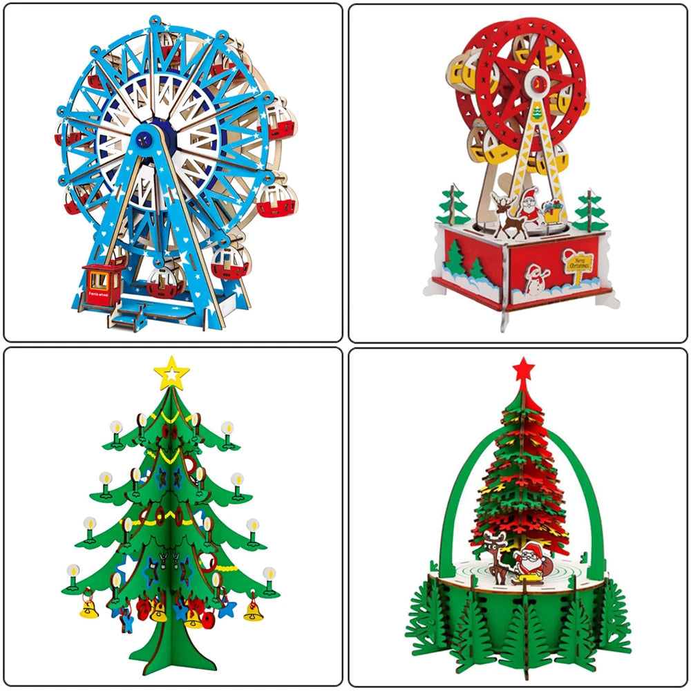 3D Wooden Puzzle Ferris Wheel Model DIY Assembly Kits Carousel Toys For Children Girls Christmas Tree Gift Home Room Decoration