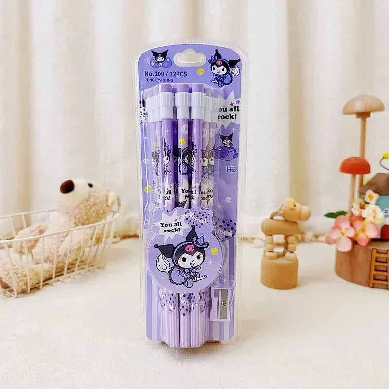Sanrio HB Pencil Set – 12 Cute Cinnamoroll & Kuromi Pencils + 1 Roller Box for Writing & Drawing Fun