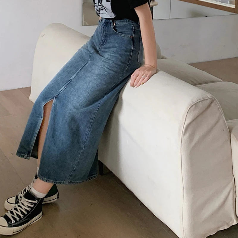 Women's Denim Wrap Skirts Retro High Waisted Split A-line Denim Skirt Autumn Fashion Straight Skirt Female