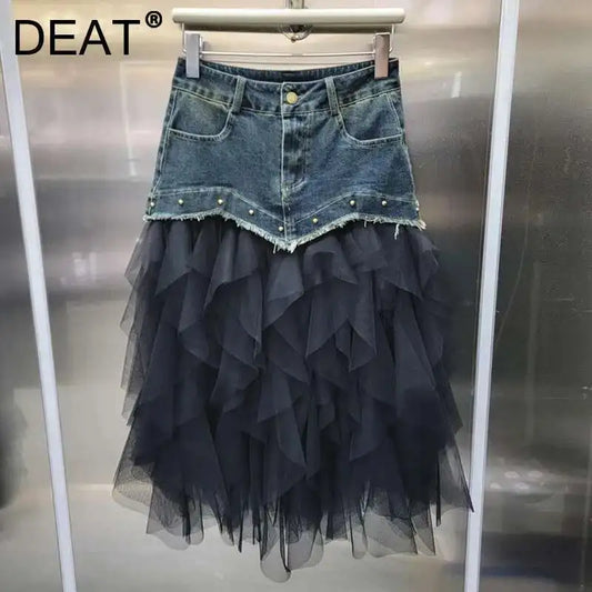 DEAT 2024 Autumn New Fashion Women's Mesh Splicing Denim Skirts High Waist A-line Irregular Long Skirt Female Trendy 33A1734