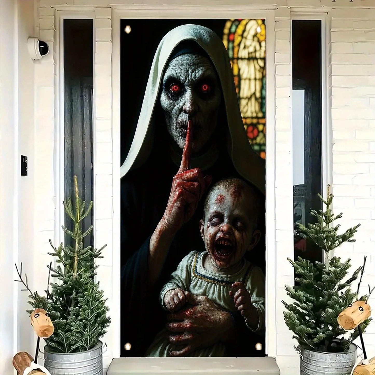 One Halloween door decoration, a terrifying zombie peeping banner, eerie monsters, a front door curtain, terrifying decorations
