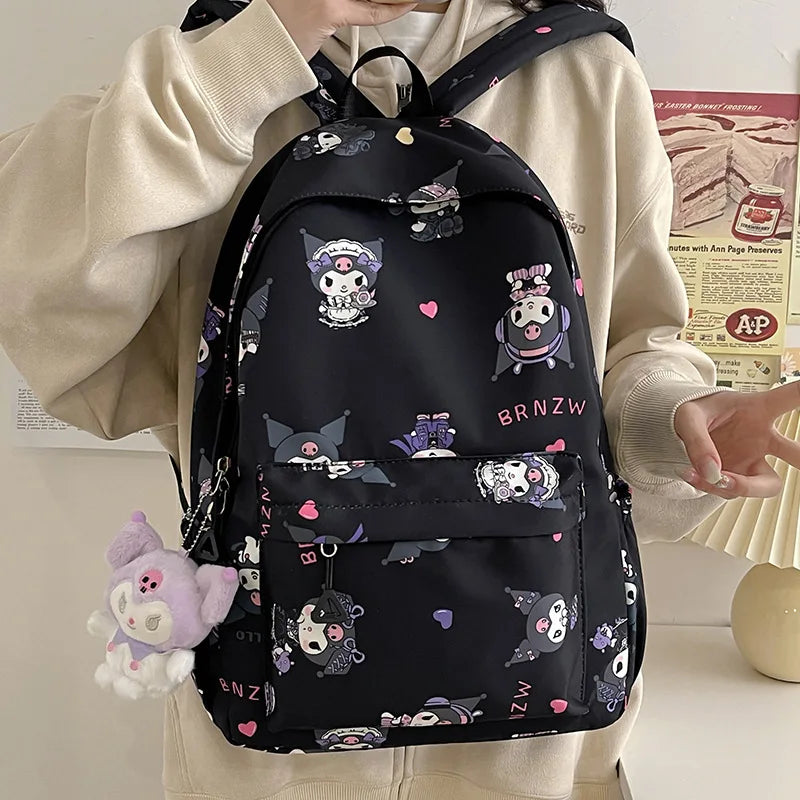 Kawaii Canvas Backpack – Hello Kitty, Kuromi, Melody & Cinnamoroll Charm for Kids & Teens!
