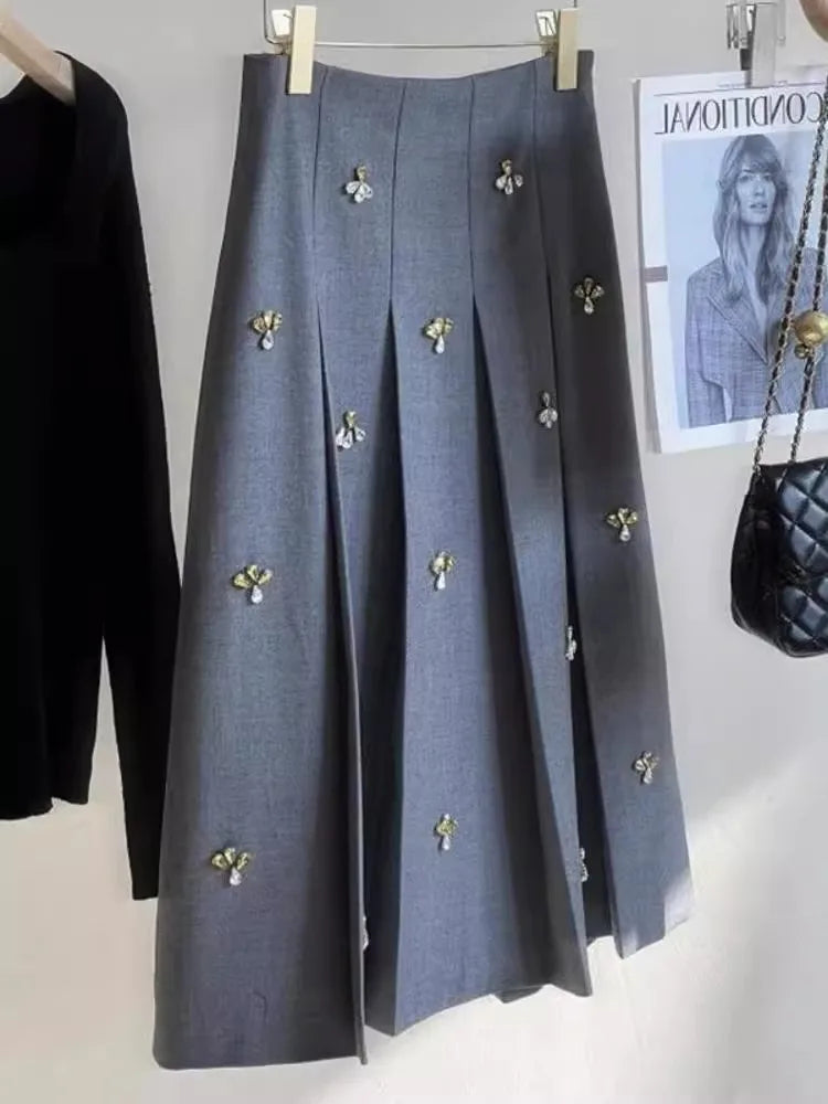 Simple Fashion Embroidery Beading Gray Skirt for Women 2025 Spring Autumn New Ruched Skirts Y2k High Waist Faldas Mujer