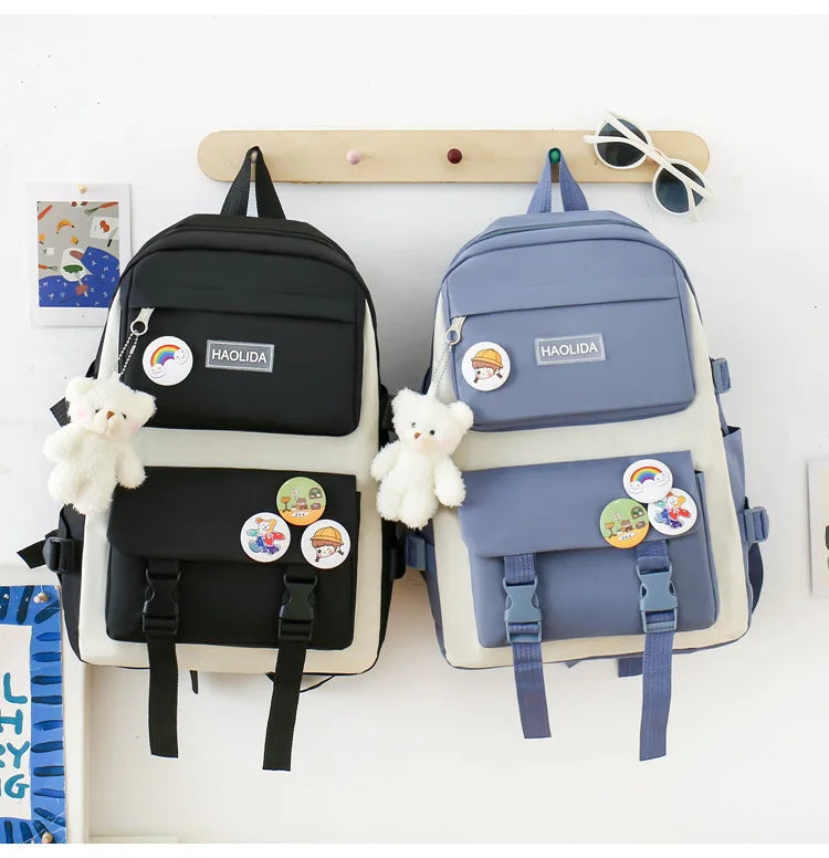 Autumn New Canvas Backpack Women's Korean Version Large Capacity Five-Piece Set Middle School Student Backpack College Student S