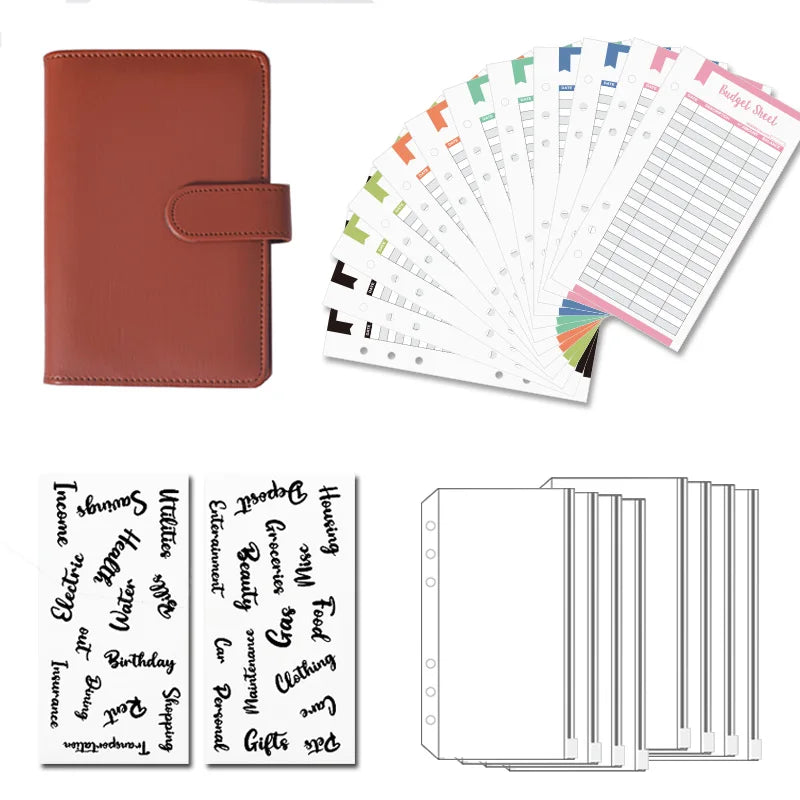 Leather Budget Binders Planner 6 Hole 8 Zipper Envelopes 2 Stickers in One NoteBook Wallet For Save Money Organizer Cash System