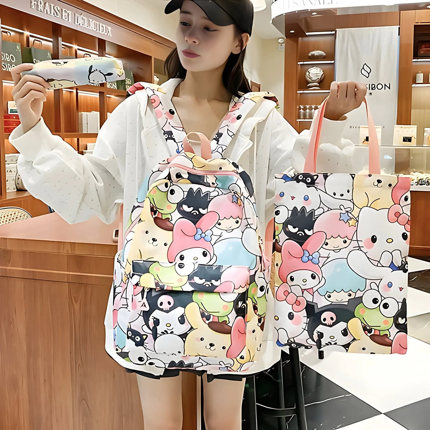 Sanrio Sweet Squad 3-Piece Set – Cinnamoroll, Hello Kitty & Kuromi Backpack + Tote + Pencil Bag for Casual & School Use