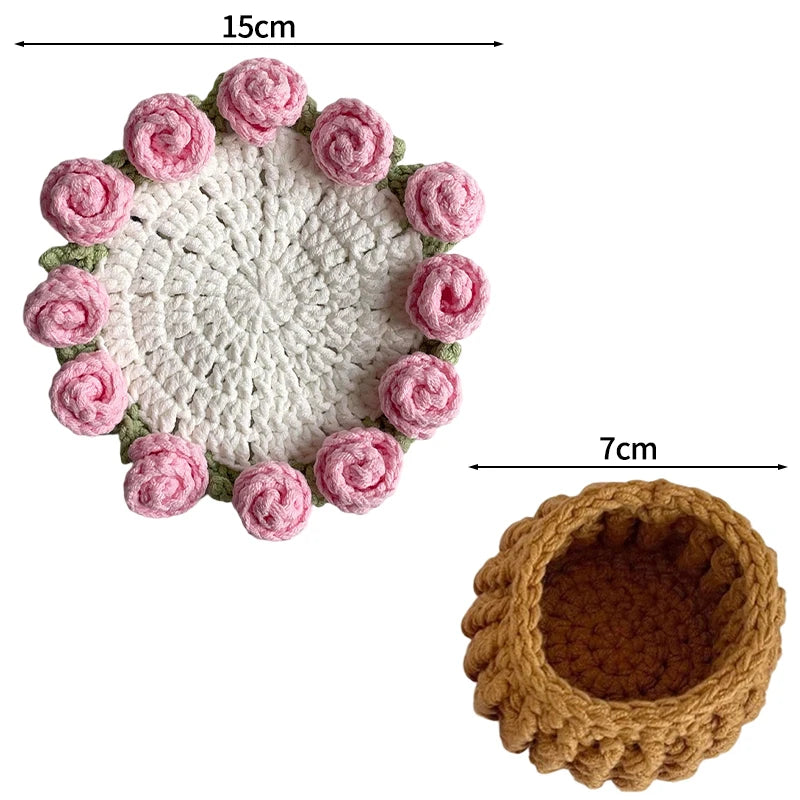 Crochet Flower Coaster Hand Knitted Coaster Rose Placemat Table Ornament Cup Pad Crochet Flower Cupmat Creative Coaster Gifts