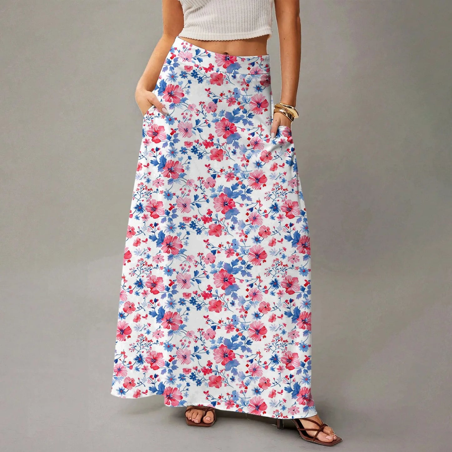 Women's Straight Skirt Casual Summer Floral Print Bohemian Skirt Flowing Maxi Skirts with pockets High waist Elastic skirt