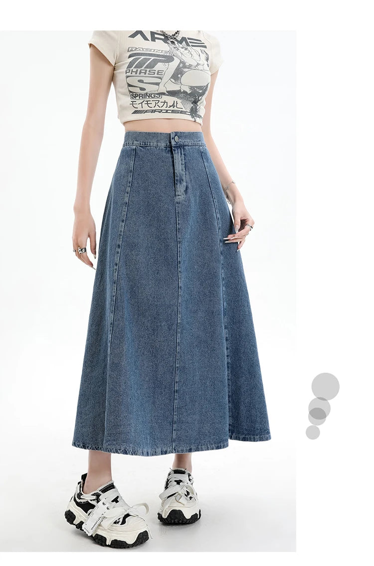 Long Denim Skirt Women 2024 Spring Summer New Arrivals High Elastic Waist A Line Jeans Skirts Korean Fashion Casual Blue Skirts