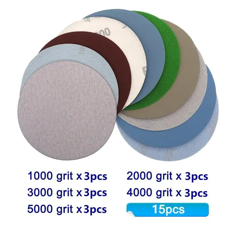 15 PCS Inches Grit 1000 2000 3000 4000 5000 Sanding Discs Hook Loop Sandpaper Round Disk