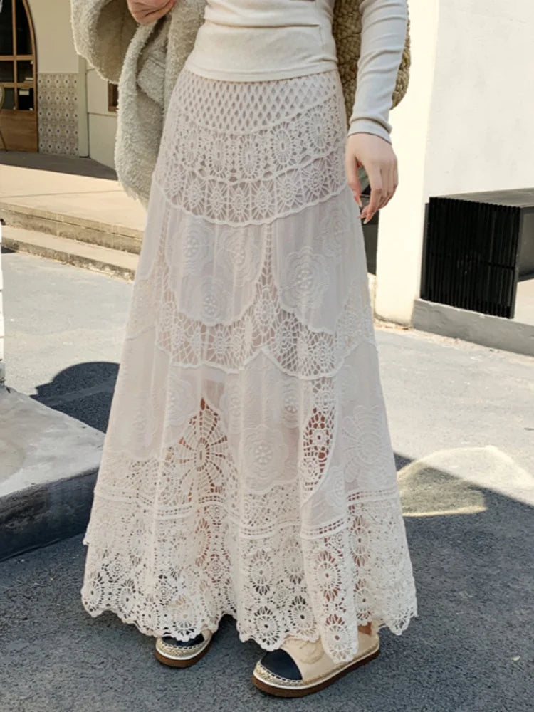 SMTHMA New Korean Retro French Hook Flower Hollow Design Elastic Knitted Skirt Women's Elastic High Waist A-line Long Skirt