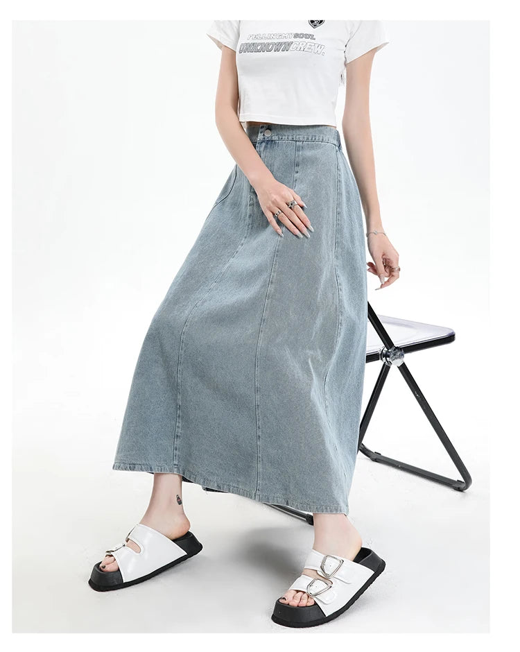 Long Denim Skirt Women 2024 Spring Summer New Arrivals High Elastic Waist A Line Jeans Skirts Korean Fashion Casual Blue Skirts