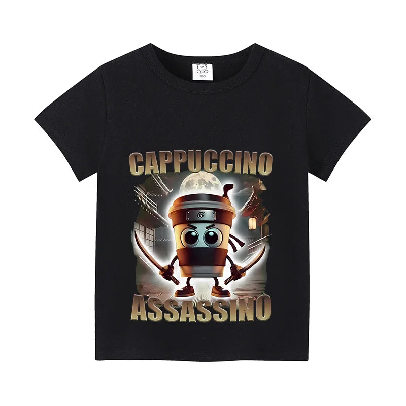 Italian Brainrot Animals Kids Cotton T-shirt Cappuccino Assassino  Tops for Kids Funny Cartoon Print Cute Tee Summer Clothing