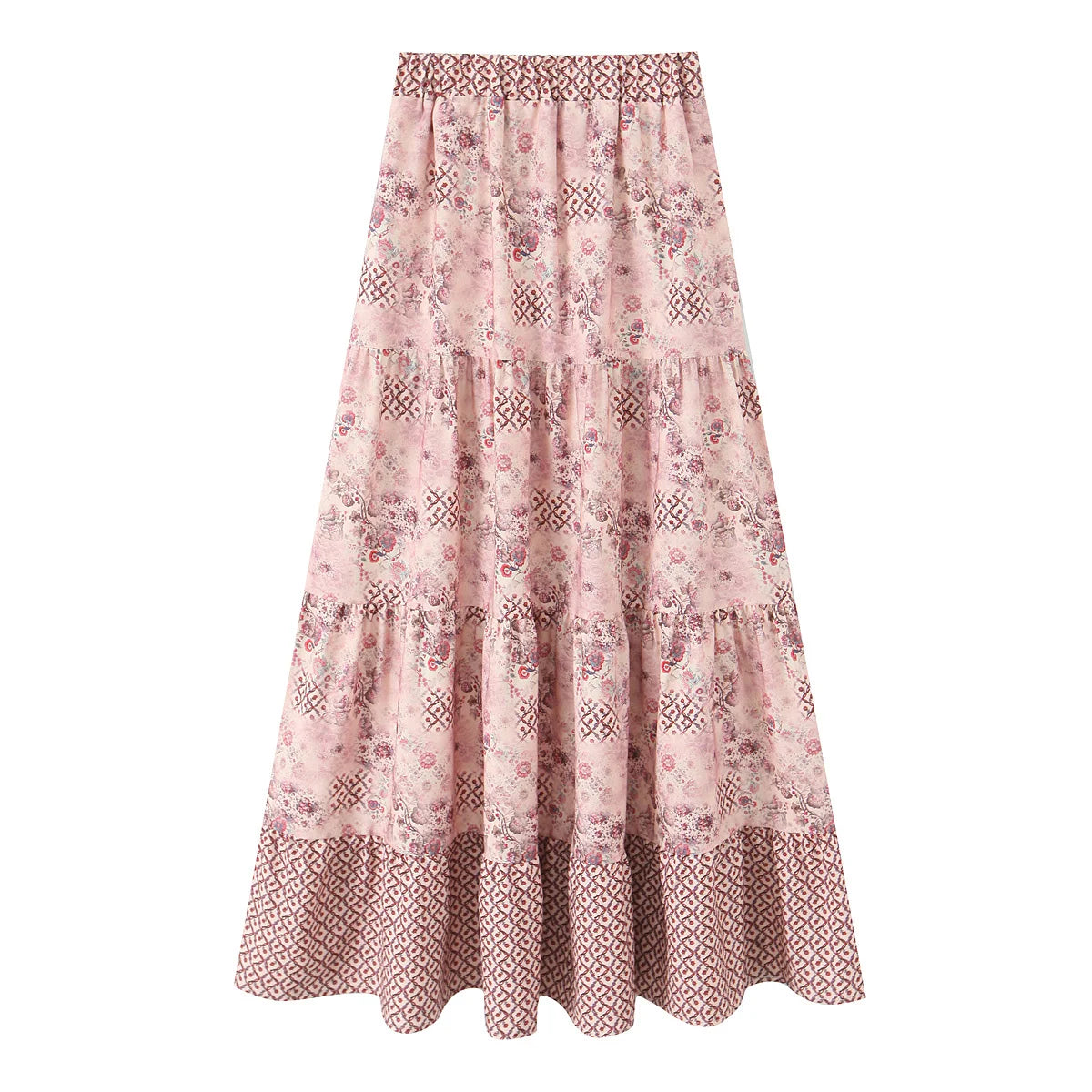 Elegant Women Holiday Wind Floral Print Tirred Ruffles Long Skirt Faldas Mujer Female Summer Elastic Waist Skirts QUN9083