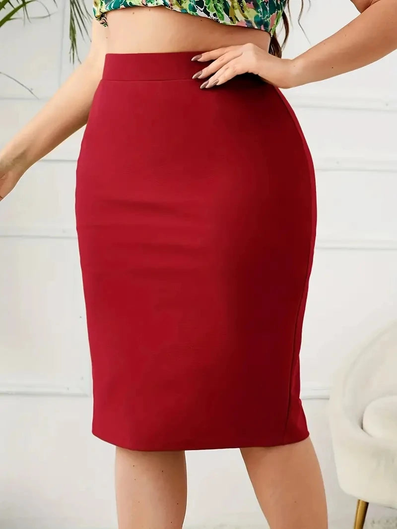 2025 Summer Plus Size Solid Slim Skirt, Casual High Waist Slit Skirt, Women's Plus SizeClothing