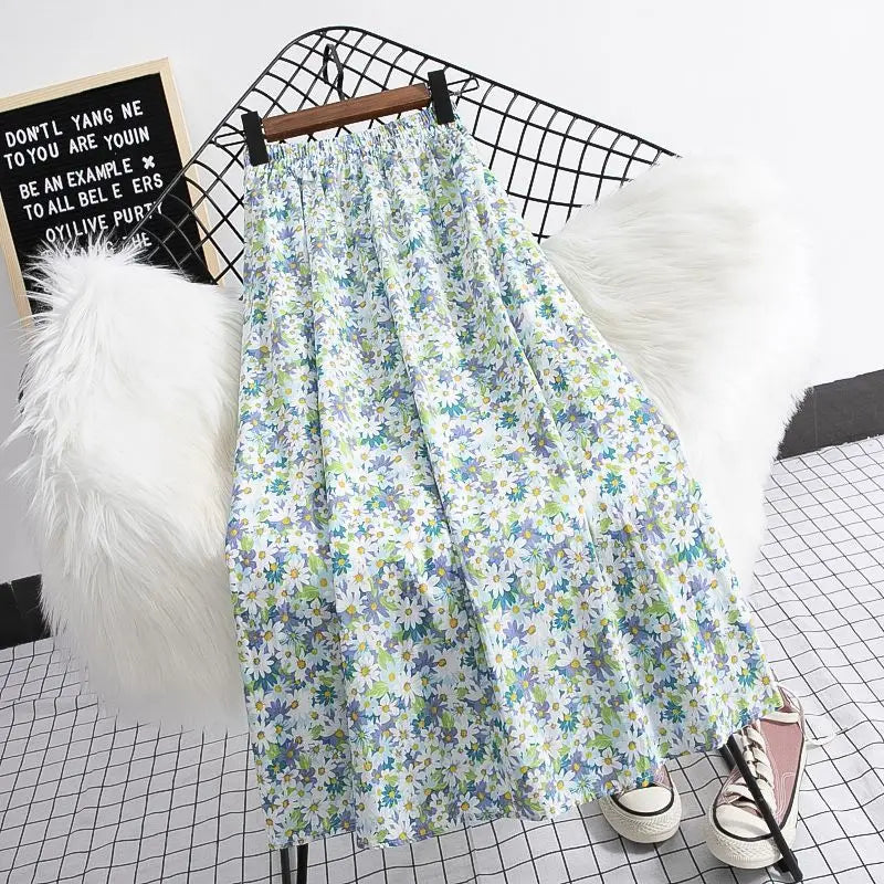Fragmented Blossom Skirt Women's New Summer Art High Waist Chiffon A-line Oil Painting Small Daisy  Lady Large Swing  Skirt