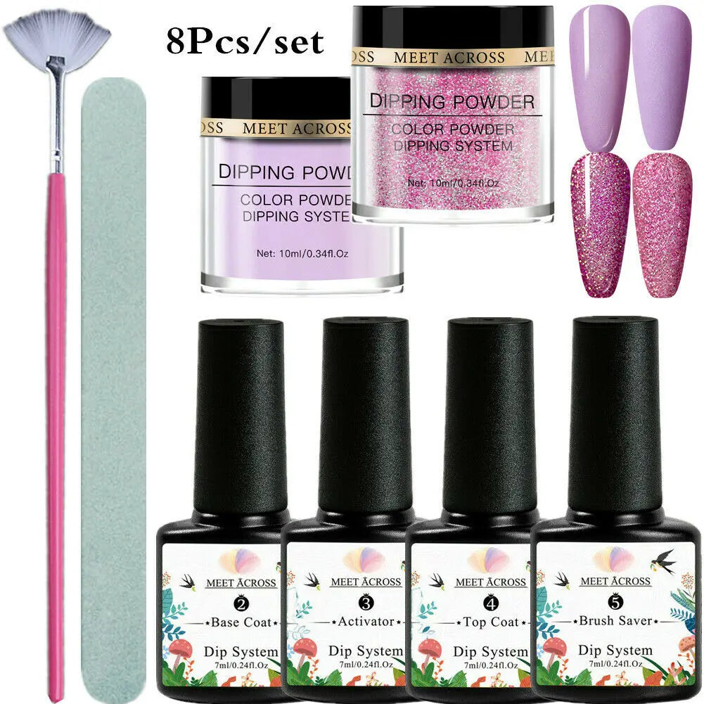 8 Colors Dip Powder Nail Set – Classic Nude Pink & Glitter Collection for DIY Salon Nails