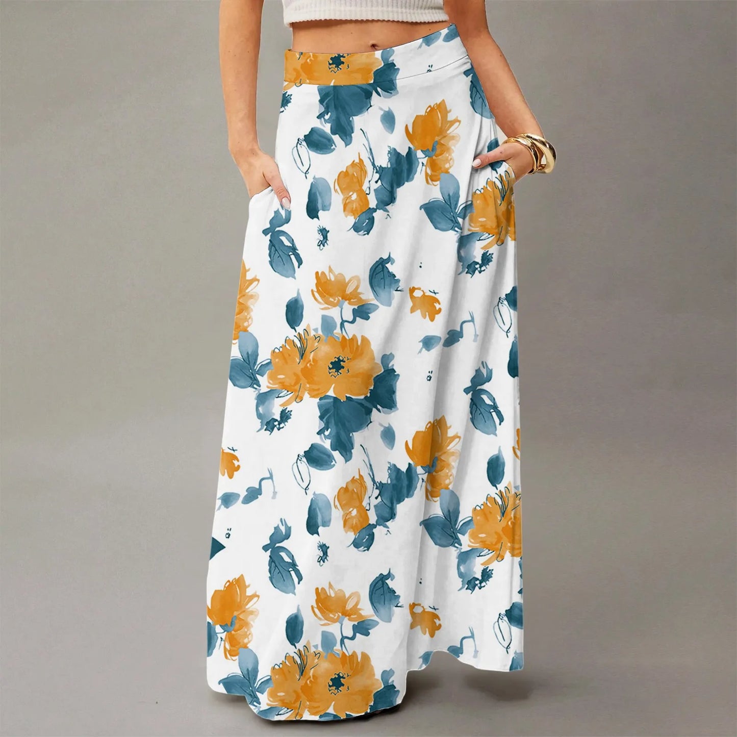 Women's Straight Skirt Casual Summer Floral Print Bohemian Skirt Flowing Maxi Skirts with pockets High waist Elastic skirt