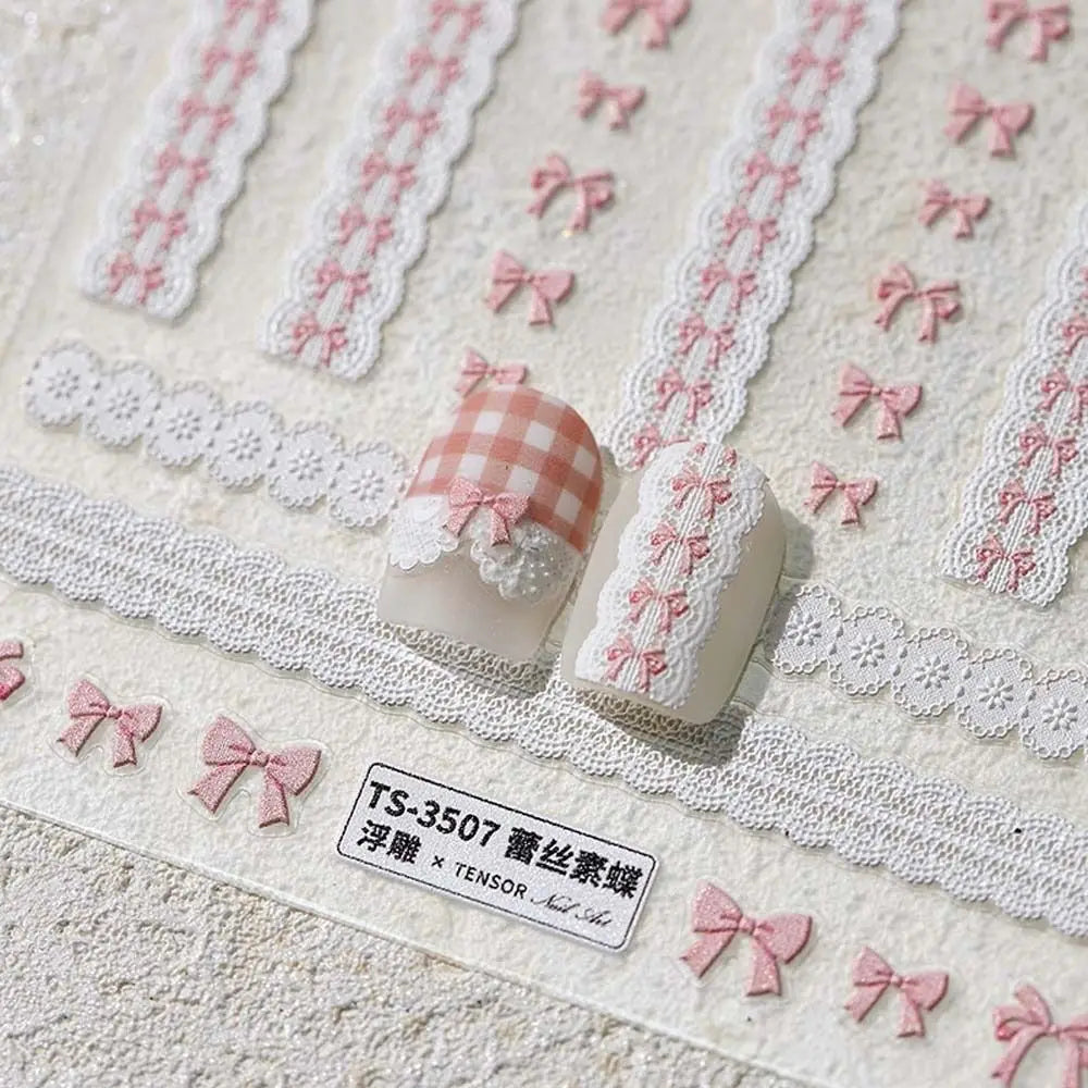 Sweetheart Bow Nail Decals – Pearl Lace Stickers in Romantic Shades
