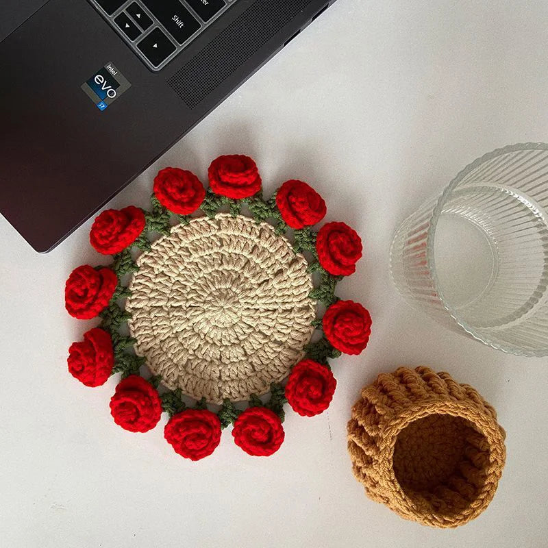 Crochet Flower Coaster Hand Knitted Coaster Rose Placemat Table Ornament Cup Pad Crochet Flower Cupmat Creative Coaster Gifts