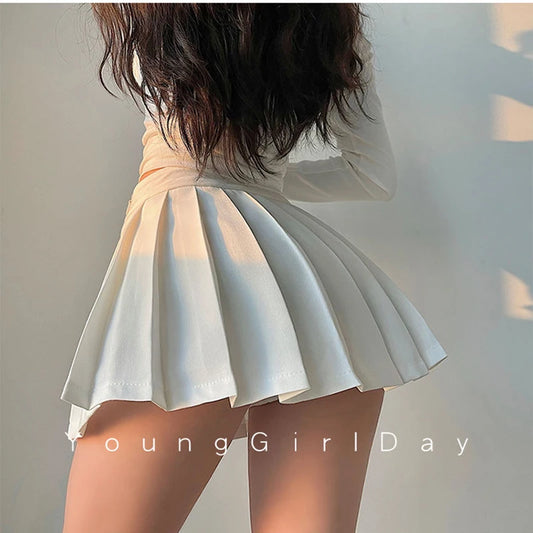 ZOKI Pleated Skirt with Shorts Women Sexy High Waist Irregular White Black A-line Gyaru Tennis extreme Mini Skirt School