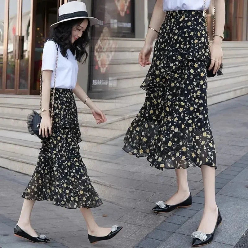 Midi Women's Skirt Chiffon New In Female Skirts Streetwear Harajuku Modest Summer 2024 Clothing Sales Chic and Elegant Aesthetic