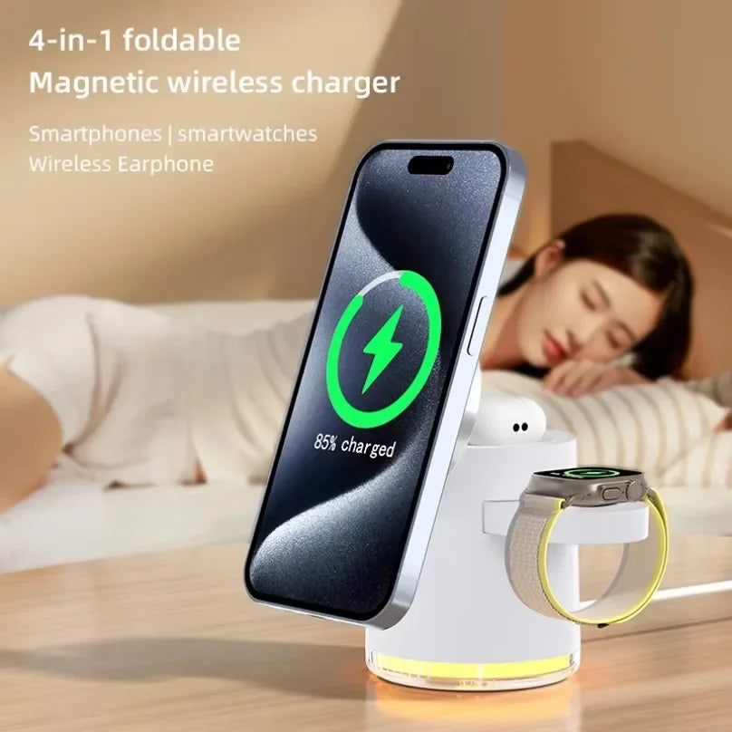 Fast Charging Dock Stand QI2 Wireless Charger Night Light 4 in 1 For Magsafe iPhone 16 15 14 Pro Max Airpods Pro 2-8 Apple Watch