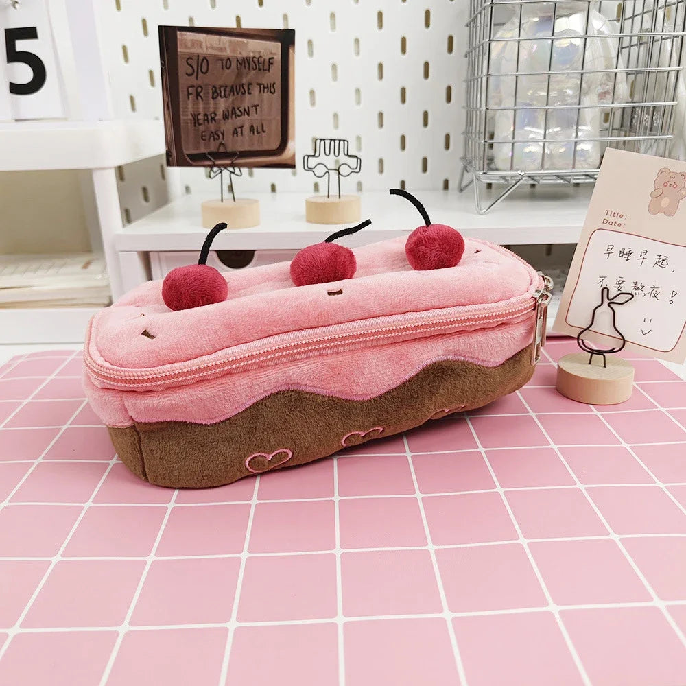 Plush Cherry Cake Pencil Case – Cute Large Capacity Kawaii Pouch for Girls, Kids & Back-to-School Accessories