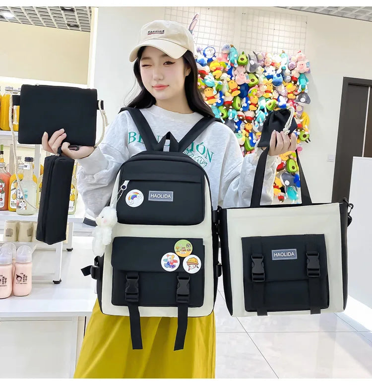Autumn New Canvas Backpack Women's Korean Version Large Capacity Five-Piece Set Middle School Student Backpack College Student S