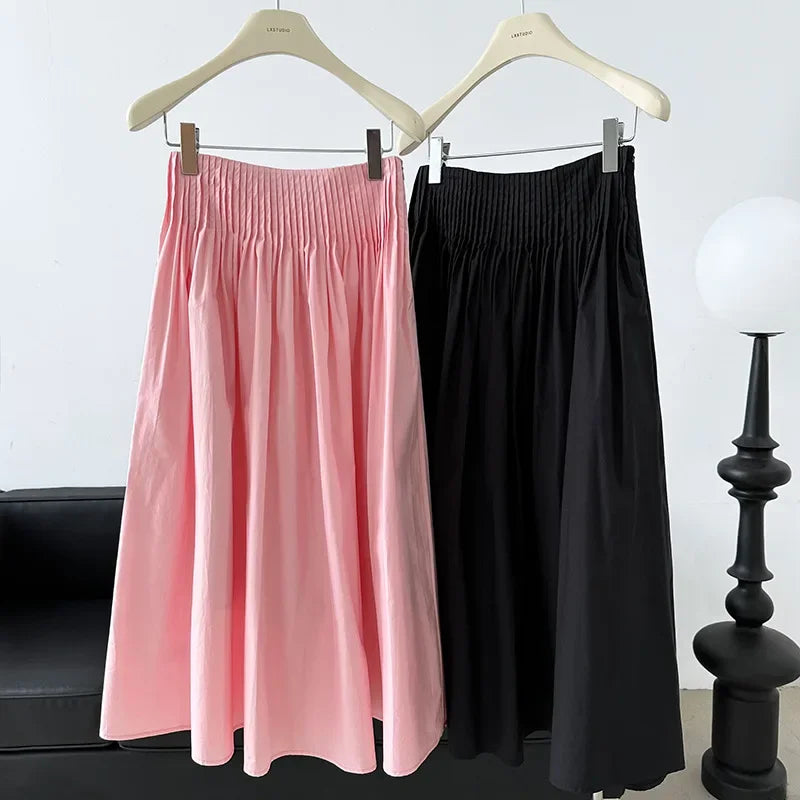 Elegant High-Waisted Pink A- Line Skirt Sweet Umbrella Design Sensibility Plenty of Pleats Medium-Length Women's Fashion
