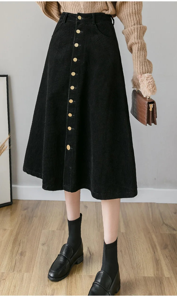 REALEFT Autumn Winter Corduroy Women A-Line Skirts 2023 New High Waist Solid Elegant Single Breasted Umbrella Midi Skirts Female