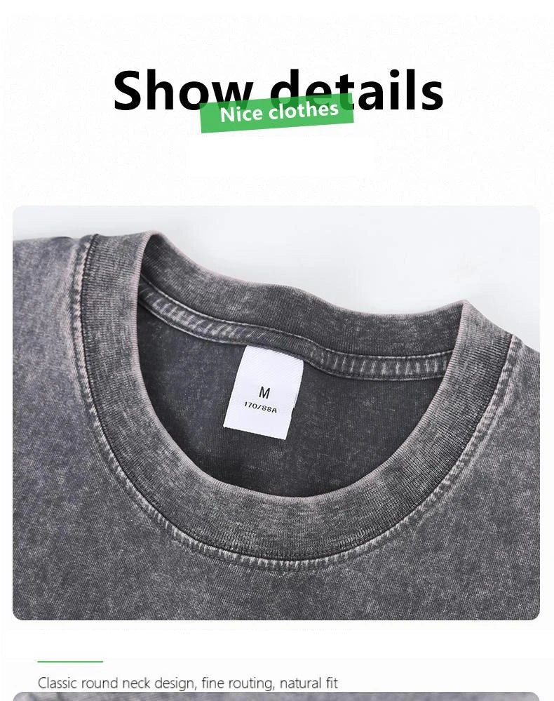 Washed Vintage T-Shirts Men's Street Hip Hop Retro Punk T Shirt Harajuku Casual 250gsm Cotton Short Sleeve Acid Wash TShirts Top