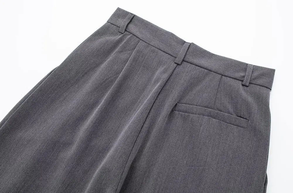 TRZA Women Fashion With Darts Front Pockets Wide Leg Pants Vintage High Waist Zipper Fly Female Trousers Mujer