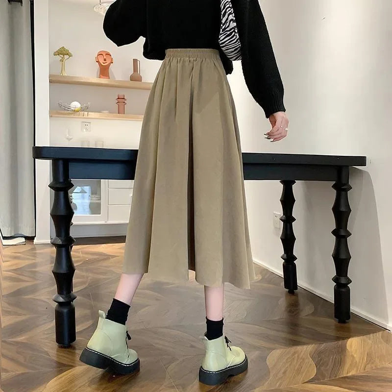 Xpqbb Korean Style Women's Midi Skirt 2025 Autumn High-Waisted Corduroy Long Skirt Women College Style Pleated A-Line Skirts